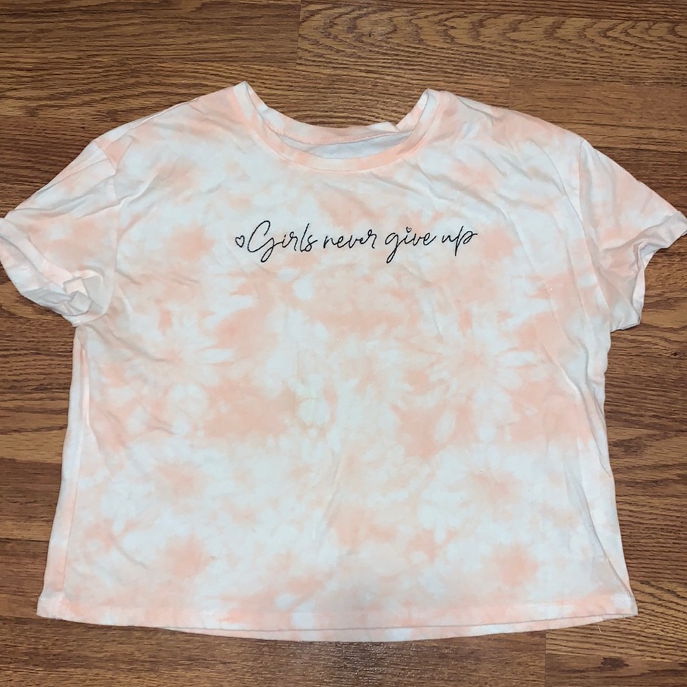 Justice Pink Crop Top “Girls Never Give Up”